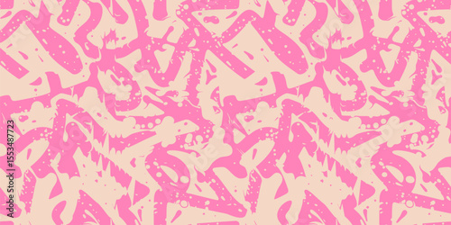 Graffiti seamless pattern. Vector abstract texture with paint splashes, chaotic shapes, strokes, lines, dots. Funky pink and beige ink spray grunge background. Urban sport art. Repetitive design
