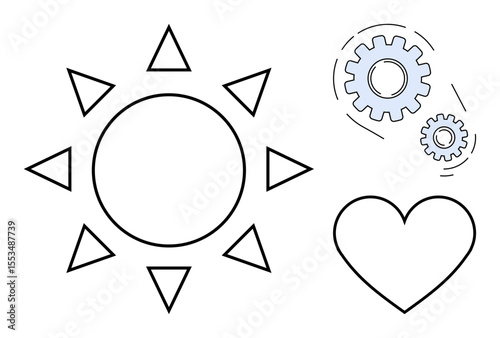 Simple sun with triangular rays, a heart, and two interconnected gears symbolizing energy, love, teamwork, and functionality. Ideal for themes on sustainability, innovation, harmony productivity