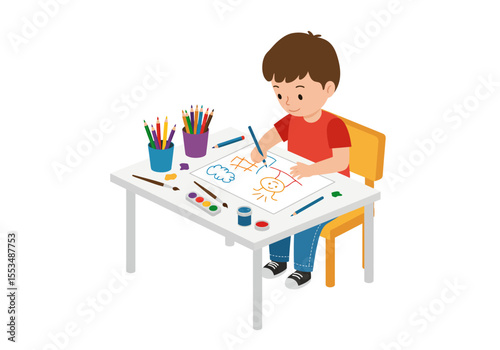 Boy drawing a house cloud  sun at a desk with art supplies  yellow chair