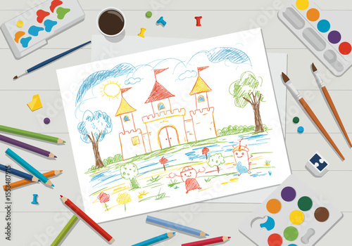 Childs drawing of a castle crayons and paint supplies on a gray table surface