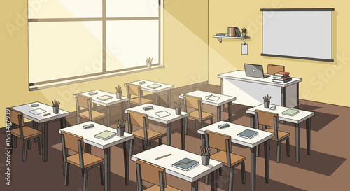Classroom Desks face board bright window Teachers desk has laptop and books