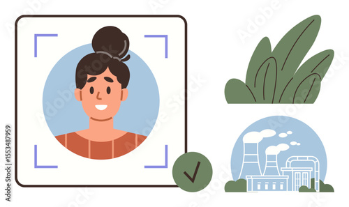 Face scanning screen with female photo, green checkmark, factory emitting smoke, and green plants. Ideal for technology, identity, ecology, sustainability, pollution verification ethical