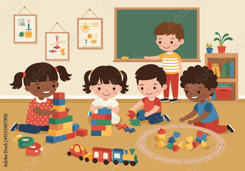 Classroom scene Four children play with toys while a boy stands near a chalkboard