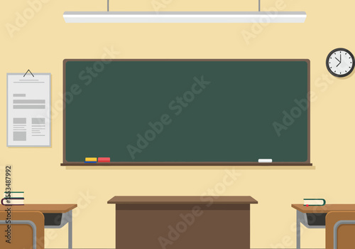 Classroom scene chalkboard desks clock bulletin board and overhead light