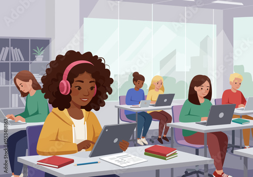 Classroom scene students use laptops tablets  headphones books on desks