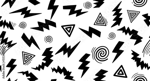 Dynamic Black And White Pattern Featuring Lightning Bolts And Geometric Shapes On A Plain Background