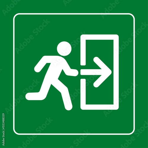 Emergency exit sign with running figure and right-pointing arrow on green background, ISO 7010 safety evacuation symbol