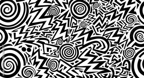 Intricate Abstract Black And White Pattern Featuring Spirals And Zigzag Designs