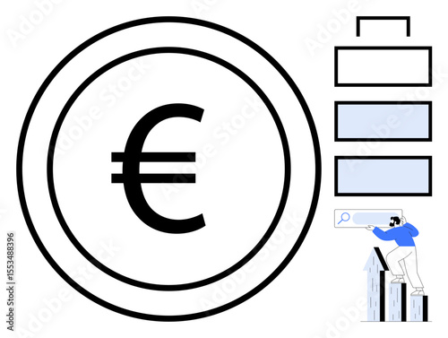 Euro symbol in a circle, three progress bars indicating levels, and a person examining data with a magnifying glass. Ideal for finance, growth, economy, analytics, business strategy, progress