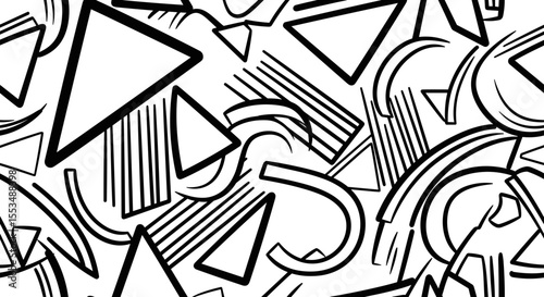 Dynamic Geometric Abstract Design Featuring Various Shapes and Lines in Monochrome Color Palette