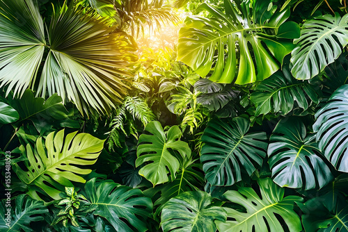 Lush Tropical Foliage with Sunlight Filtering Through Dense Gree