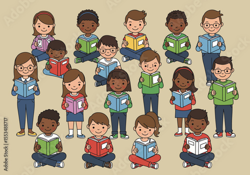 Group of children depicted reading books posed in various positions and attire on a tan background