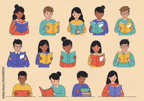 Group of people reading books in various colors and styles