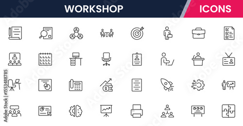 Vector illustration web line icon collection for workshop: tools, crafts, machinery, and creativity symbols in a dynamic, modern, and hands-on design style.