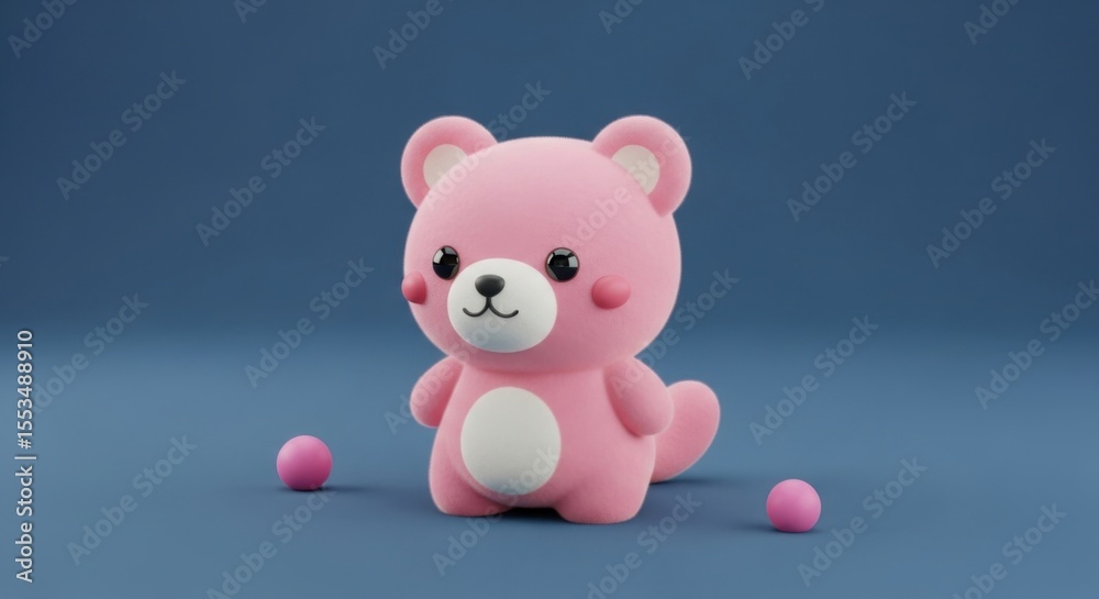 Obraz premium Adorable fluffy pink cartoon bear character with small pink balls on a solid blue background