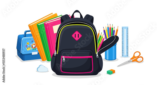 School supplies feature a backpack books pencils lunchbox ruler scissors eraser and a cloud shape on a white surface