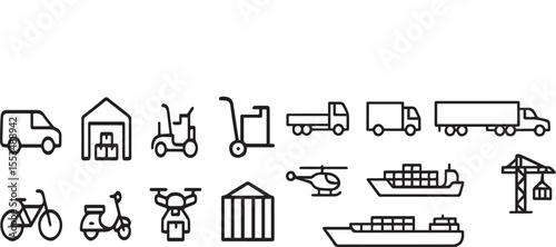 Commercial Vehicles Line Icons - Thin Vector Logistics Set (Cargo Truck, Forklift, Container Ship) - Supply Chain & Warehouse Pictograms
