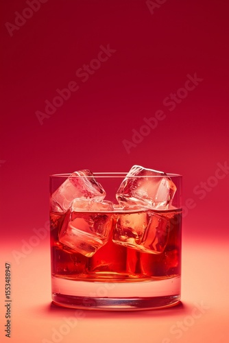 Whiskey cocktail with ice cubes in glass on red gradient background – perfect for drink menus, nightlife promotions, mixology ads, or party invitations