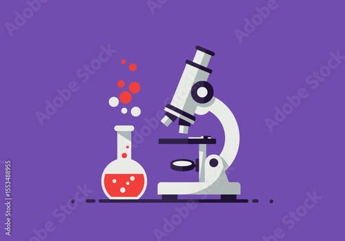 Science lab illustration microscope  beaker with red liquid and rising bubbles on a purple background