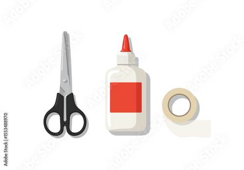Scissors glue bottle and tape are arranged on a white background