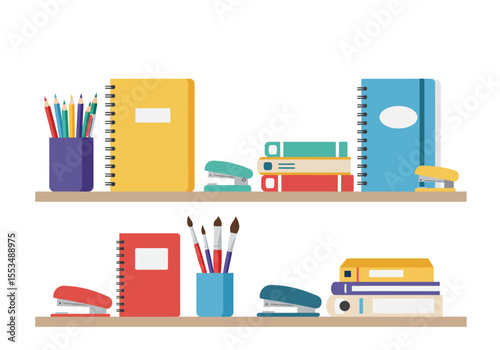 Shelves display notebooks books pens staplers  brushes