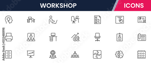 Vector illustration web line icon collection for workshop: tools, crafts, machinery, and creativity symbols in a dynamic, modern, and hands-on design style.