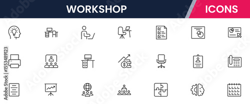 Vector illustration web line icon collection for workshop: tools, crafts, machinery, and creativity symbols in a dynamic, modern, and hands-on design style.