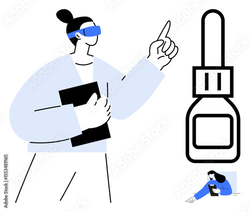 Woman wearing VR glasses pointing upward while holding a tablet next to bold bottle graphic. Ideal for innovation, technology, education, virtual reality, creativity, product design, simple landing