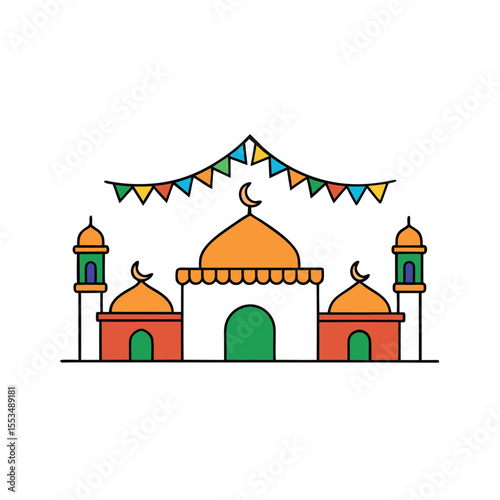 a mosque during eid with colorful banners  food st