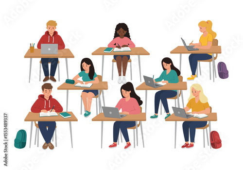 Students sit at desks working on laptops or writing in notebooks in what appears to be a classroom setting