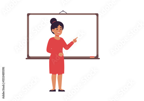 Woman in red dress stands before a whiteboard pointing her finger