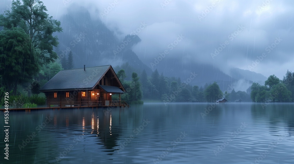 Fototapeta premium Lake house landscape under rainy weather