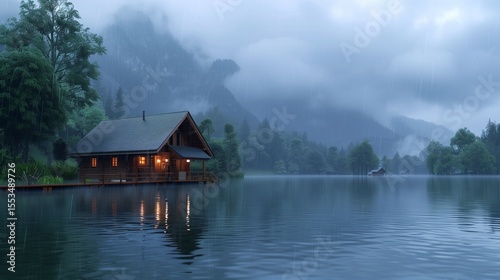 Lake house landscape under rainy weather