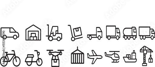 Commercial Vehicles Line Icons - Thin Vector Logistics Set (Cargo Truck, Forklift, Container Ship) - Supply Chain & Warehouse Pictograms