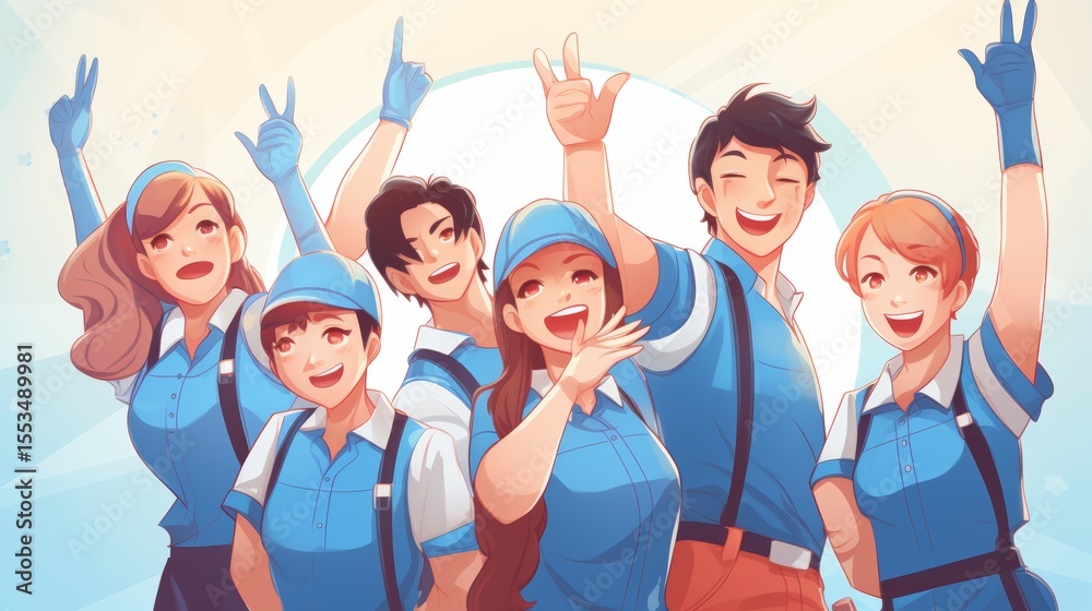 Fototapeta premium Happy cleaning team in uniform celebrate finishing a job in a client's apartment, standing in a circle with their hands raised. They provide professional cleaning services. 