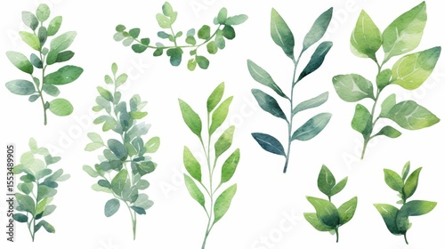 Green leaves painted with watercolors. These plant designs can be used for wedding invites, thank you notes, or greeting cards. They are separate images on a white background.
