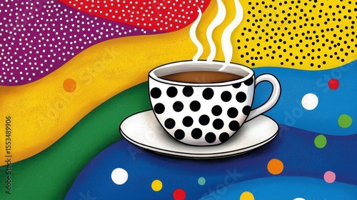 Steaming Coffee in Polka Dot Cup on Colorful Abstract Background