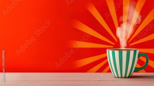 Steaming Coffee in Striped Mug Against Red Sunburst Background