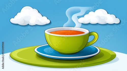 Steaming Cup of Tea on a Saucer with Clouds and Sky Background