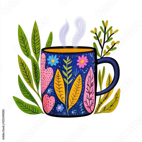 Steaming Floral Mug with Green Leaves