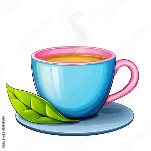 Steaming Cup of Tea with Tea Leaf on Saucer, Pixel Art Illustration