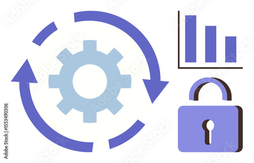 Gear with circular arrows communicates workflow, cycle, bar chart shows data analytics, padlock indicates security. Ideal for technology, process management, data analysis, online safety, system