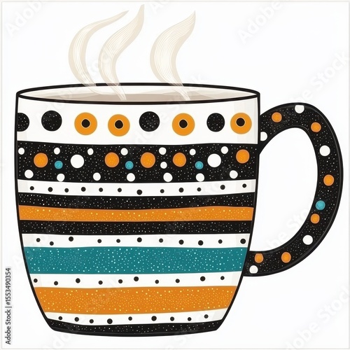 Steaming Mug with Hand Drawn Pattern in Black, Orange, and Teal