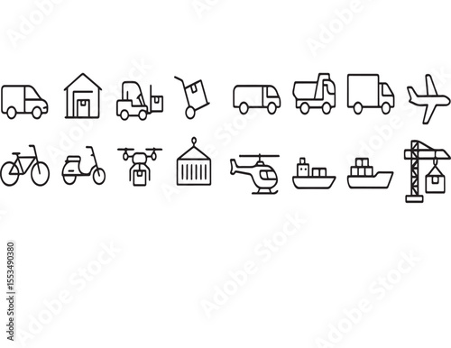 Commercial Vehicles Line Icons - Thin Vector Logistics Set (Cargo Truck, Forklift, Container Ship) - Supply Chain & Warehouse Pictograms