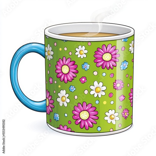 Steaming Mug with Pink and White Daisies on Green Background