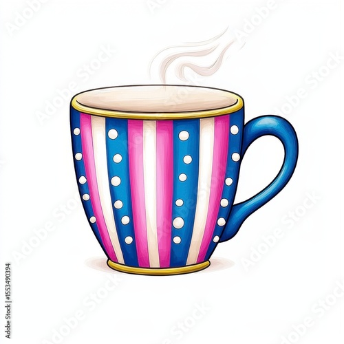 Steaming Mug with Pink Blue White Stripes and Polka Dots Pixel Art