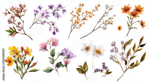 Spring flowers and leaves in a vector collection. Wildflowers, branches, and foliage on a white background. Hand-drawn floral illustrations for decorations, Easter, Thanksgiving, and clip art.
