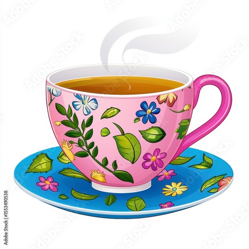 Steaming Pink Floral Teacup and Saucer on White Background