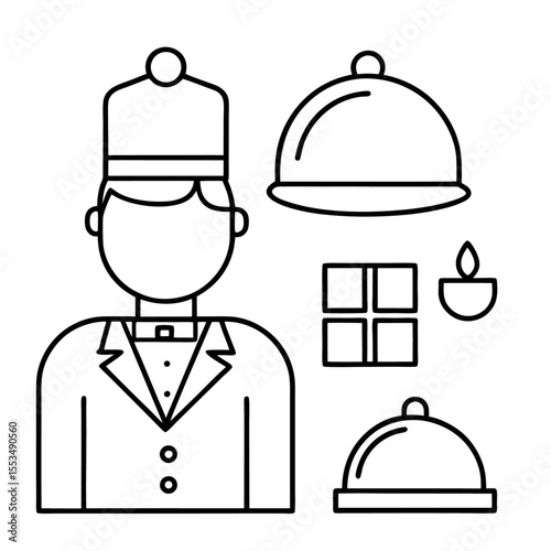 Hospitality Outline Icon Set – Reception, Booking, Concierge, Service Symbols in Minimal Style

