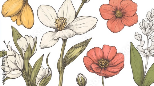 Spring flowers and leaves in a vector format. Use these hand-drawn designs for decoration, Easter, stickers, or prints.
